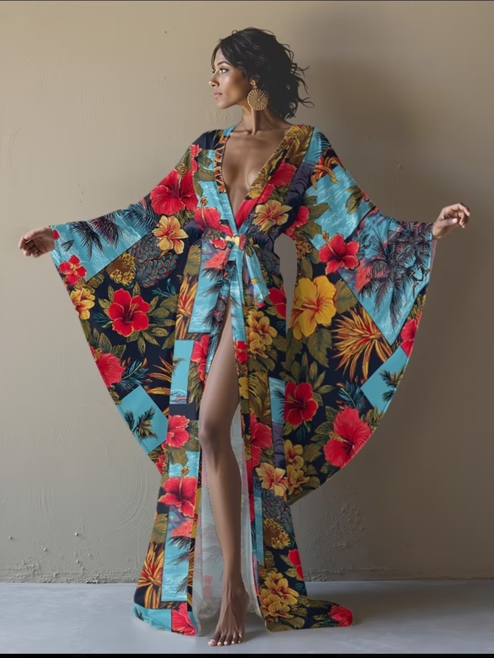 Tropical Floral Kimono Maxi Dress in Aqua & Red